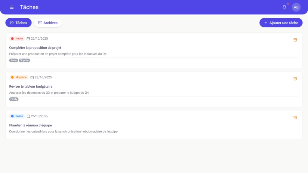 Une interface de tableau de bord en français intitulée "Tâches" aide avec la gestion tâches et patrimoine familial, affichant les tâches avec des étiquettes de priorité colorées, des dates d'échéance et des statuts. Des boutons permettant de passer d'une vue à l'autre et d'ajouter une tâche apparaissent en haut de l'écran.