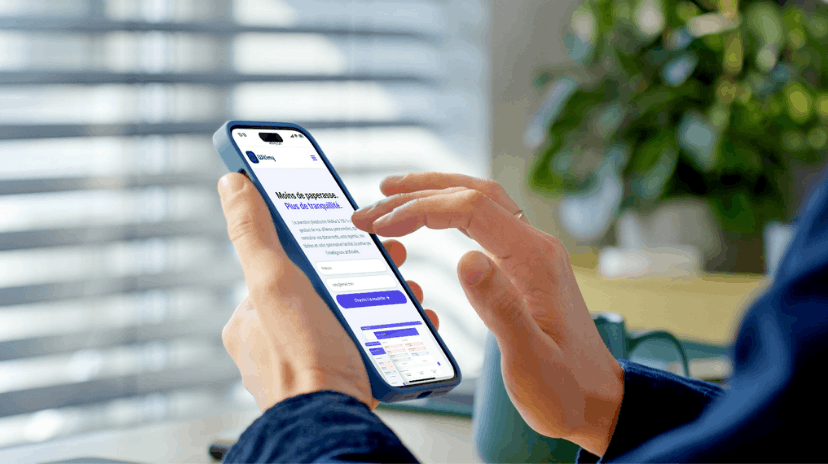 Une personne utilise un smartphone d'une seule main et fait défiler un site web comportant du texte, des boutons violets et une option Brouillon auto. À l'arrière-plan, la lumière naturelle traverse les stores de la fenêtre.