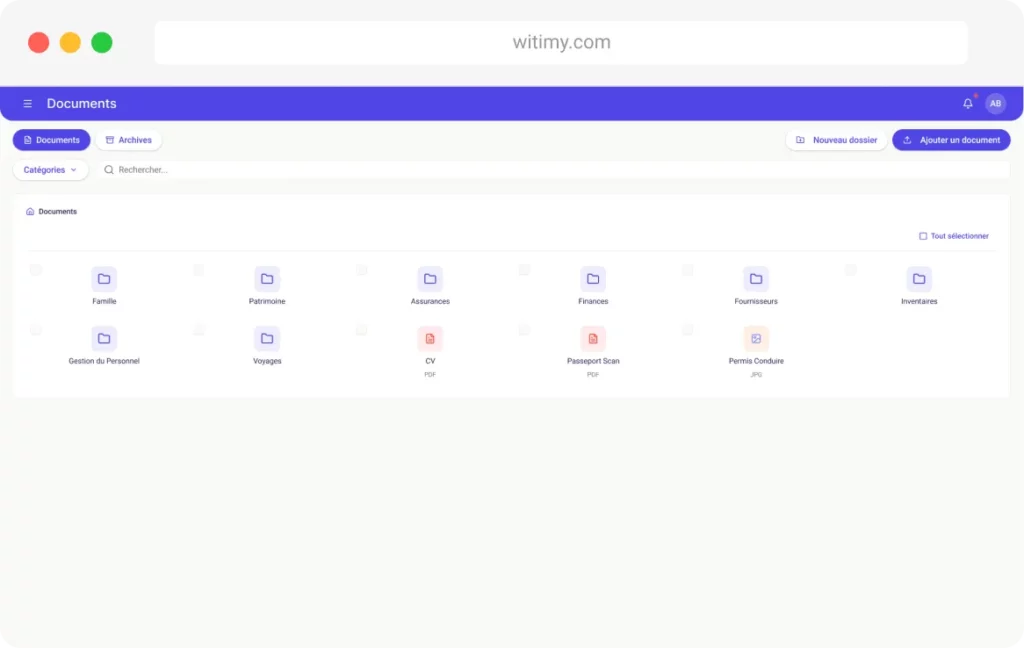 Capture d'écran d'une page web de witimy.com affichant la section "Documents", où la centralisation des documents personnels est mise en évidence avec des dossiers organisés pour la famille, l'assurance, les finances et les voyages, ainsi que des boutons permettant de créer ou de télécharger de nouveaux fichiers.