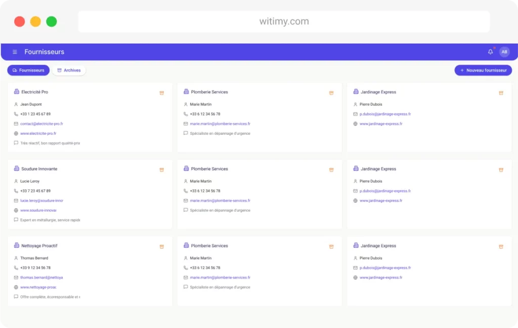 Un tableau de bord de witimy.com, qui fait partie de l'application organisation famille, montre des fiches de fournisseurs avec leurs coordonnées. La page comporte des onglets "Fournisseurs" et "Archives", ainsi qu'un bouton violet "Nouveau Fournisseur".
