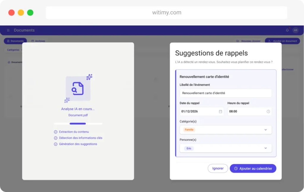 Capture d'écran d'une page web montrant à gauche une analyse de documents en cours et à droite un formulaire de suggestion de rappel pour le renouvellement de la carte d'identité, avec des champs pour la date, l'heure, la catégorie et la priorité - idéal pour la gestion familiale intelligente.