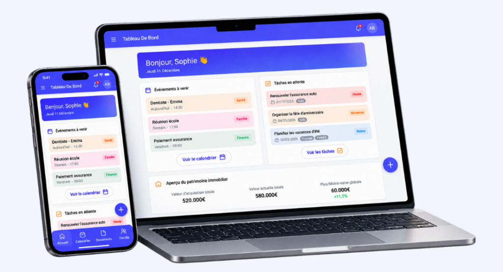 Un smartphone et un ordinateur portable affichent une interface de tableau de bord en français, avec des widgets dédiés aux événements, aux réunions, au calendrier, aux tâches et à la synthèse financière, le tout sur un fond clair.