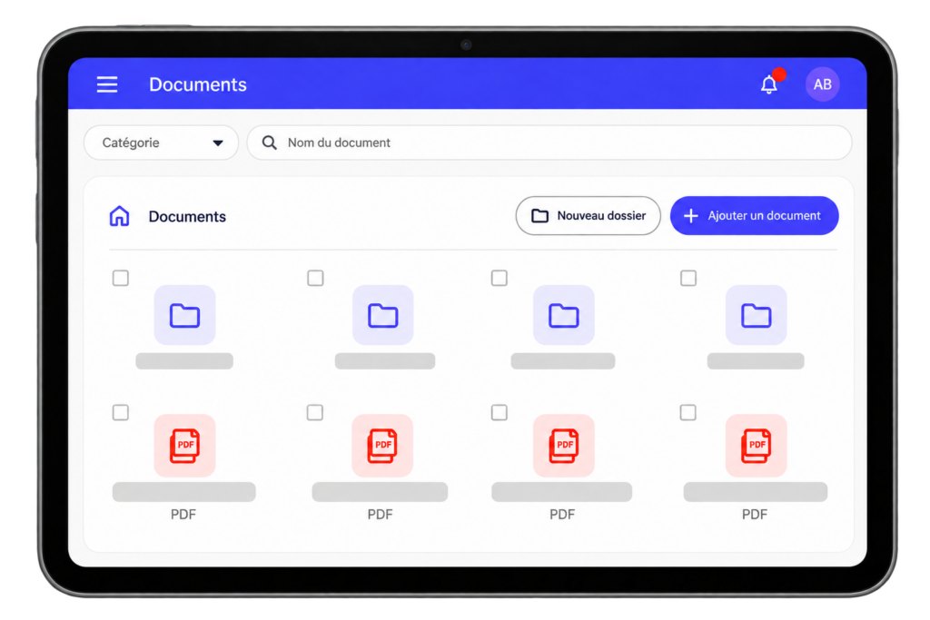 L'écran d'une tablette affiche une application de gestion de documents comprenant des dossiers et des fichiers PDF, des options de recherche et de filtrage, ainsi que des boutons permettant de créer un nouveau dossier ou d'ajouter un document.